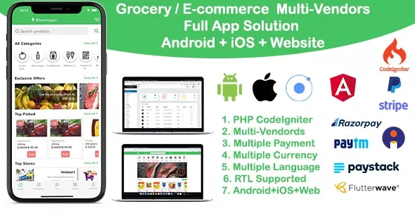 Grocery, Delivery services, eCommerce Multi Vendors (Android + iOS + Website) Ionic 5, CodeIgniter