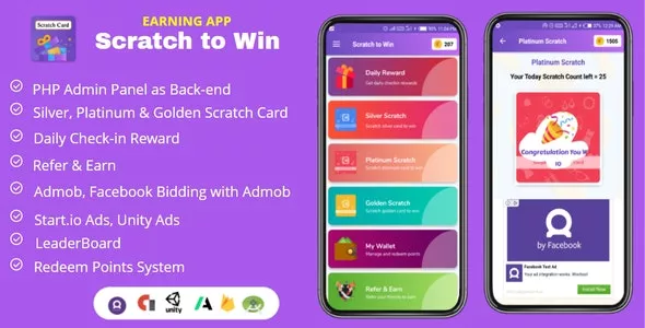 Scratch to Win Android Earning App (Admob, Facebook Bidding, StartApp, Unity Ads)