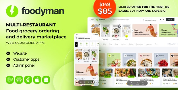 Foodyman - Multi-Restaurant Food and Grocery Ordering and Delivery Marketplace (Web & Customer Apps)