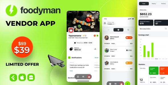 Foodyman - Multi - Restaurant (and Grocery) Vendor App (iOS&Android)